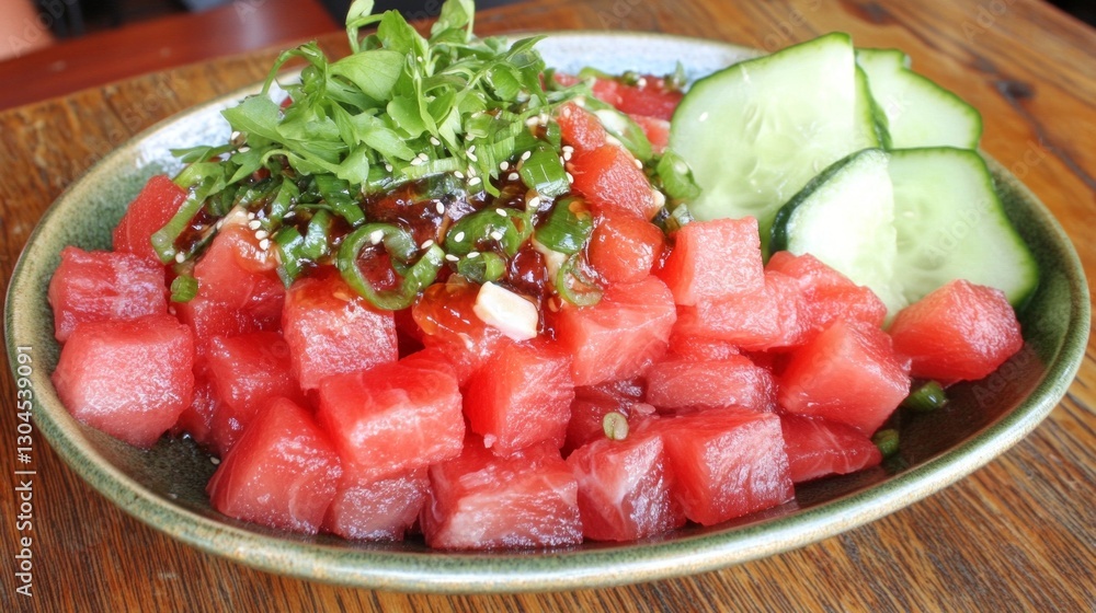 Fresh watermelon salad with cucumbers and herbs on a ceramic plate Fresh watermelon salad with cucumbers and herbs on a ceramic plate