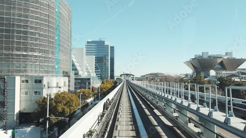 Tokyo, Japan - January 29, 2025 : Cityscape from Yurikamome monorail sky train in Odaiba, the artificial island in Tokyo, Japan