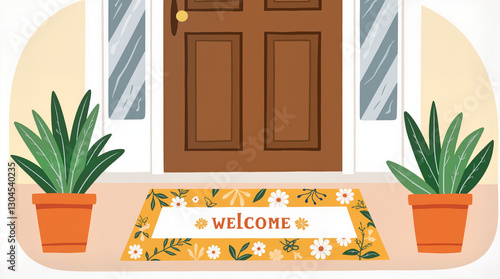 Welcome mat illustration with floral patterns on front porch, housewarming