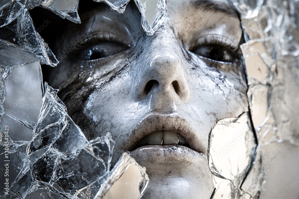 Pale Face Through a Shattered Mirror with Sharp Glass Fragments Pale Face Through a Shattered Mirror with Sharp Glass Fragments