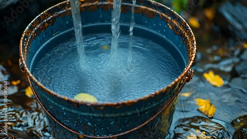 Rusty bucket filling with water in a stream