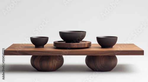 A minimalist display stand, crafted from polished wood, stands poised against a pristine white backdrop, inviting viewers to envision its potential as a showcase for a variety of products.