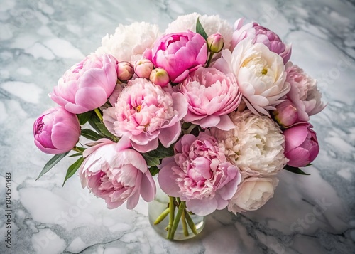 Elegant Peony Bouquet on White Marble - Long Exposure Stock Photo