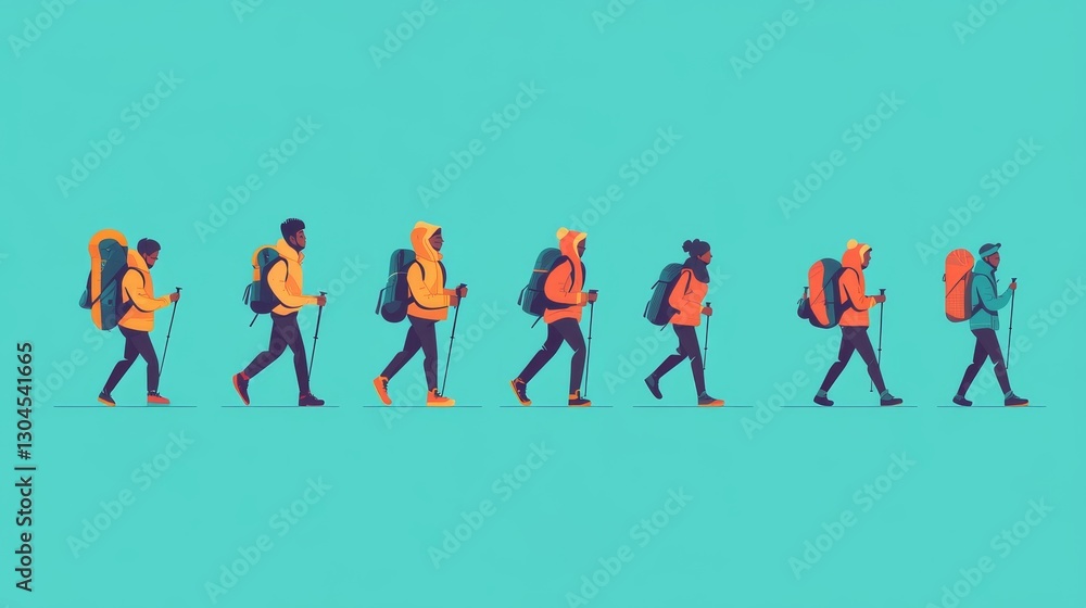Collection of hiking characters with simplified anatomical forms, contemporary flat illustration style, cheerful color palette, unified design language, varied hiking poses and movements, balanced Collection of hiking characters with simplified anatomical forms, contemporary flat illustration style, cheerful color palette, unified design language, varied hiking poses and movements, balanced