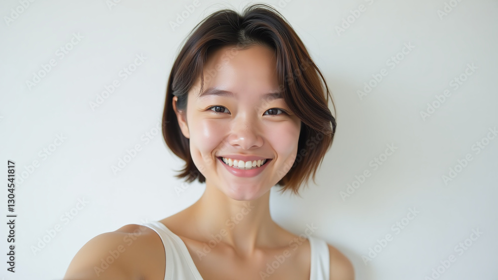 young woman takes selfie short hair front bright white wall young woman takes selfie short hair front bright white wall