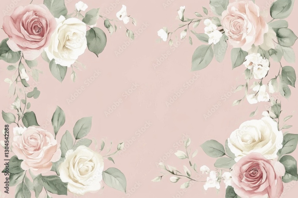 Pastel pink background with corner floral arrangement of roses and greenery. Pastel pink background with corner floral arrangement of roses and greenery.