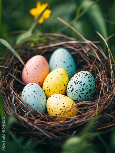 Happy Easter day. Bright multi-colored Easter eggs lie in a bird's nest. Spring green grass, plants and leaves. Blue, yellow and pink eggs.