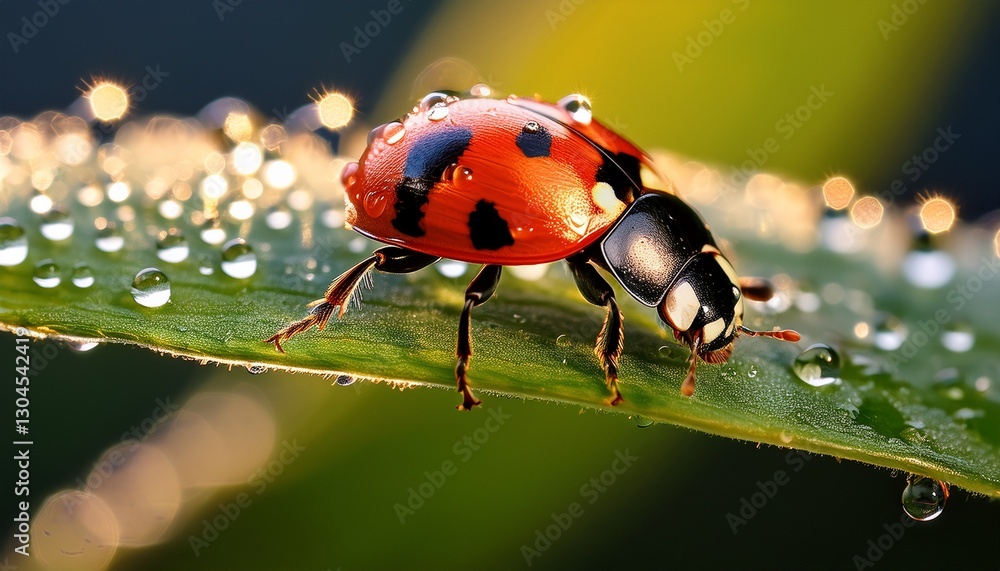 Naklejka premium Macro shot of a ladybug’s tiny legs gripping a leaf covered in morning dew, capturing the intricate details of the insect and the delicate droplets on the surface.
