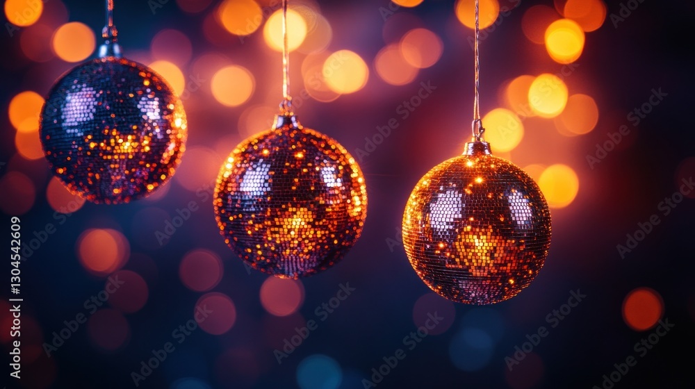 Fototapeta premium Festive Christmas ornaments hanging, bokeh lights background
