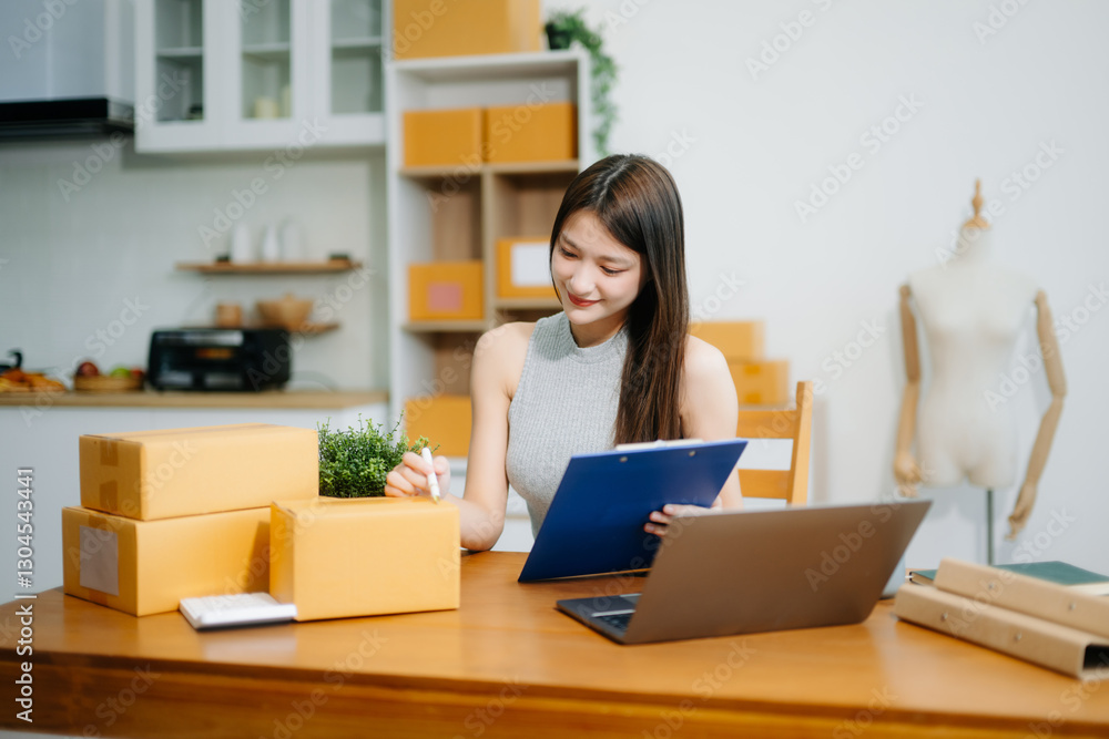 Small business entrepreneur SME freelance woman working at home office, BOX,tablet and laptop online, marketing Small business entrepreneur SME freelance woman working at home office, BOX,tablet and laptop online, marketing