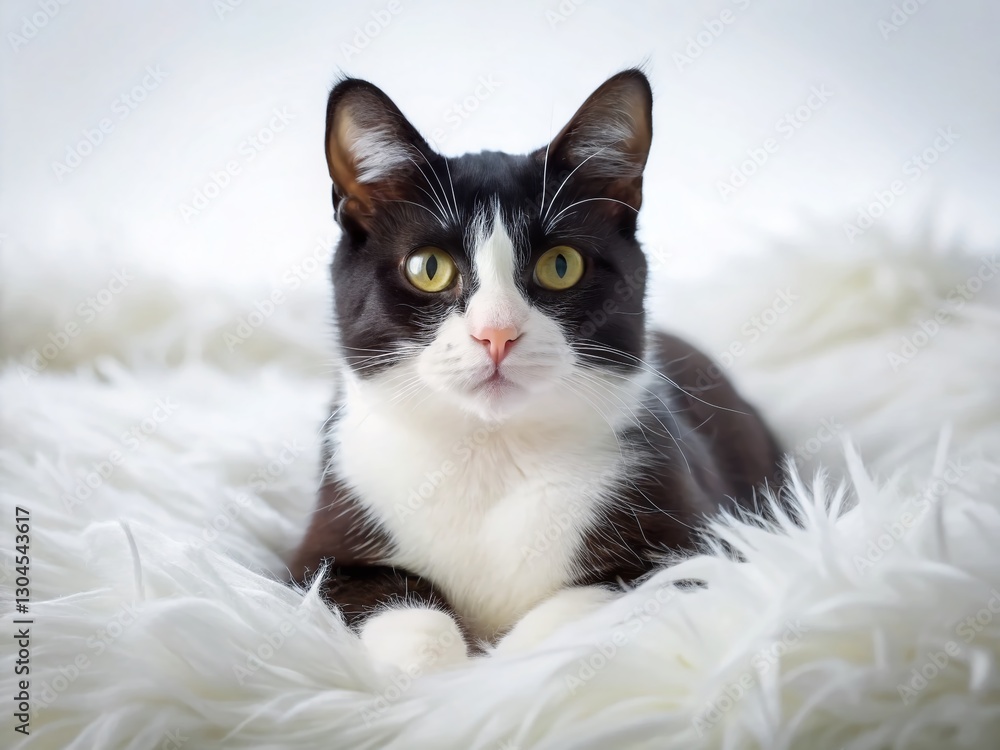 Elegant Tuxedo Cat Relaxing on White Background - High-Resolution Aerial Photography Elegant Tuxedo Cat Relaxing on White Background - High-Resolution Aerial Photography