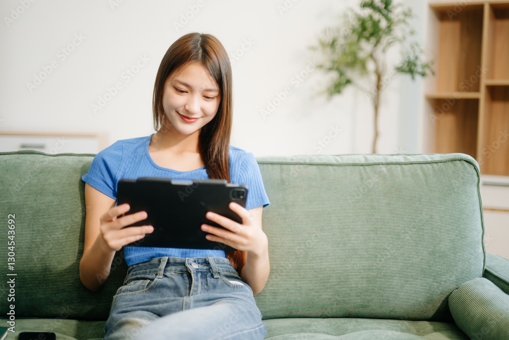 Young asian woman relax on comfortable couch at home texting messaging on smartphone and tablet smiling girl Young asian woman relax on comfortable couch at home texting messaging on smartphone and tablet smiling girl