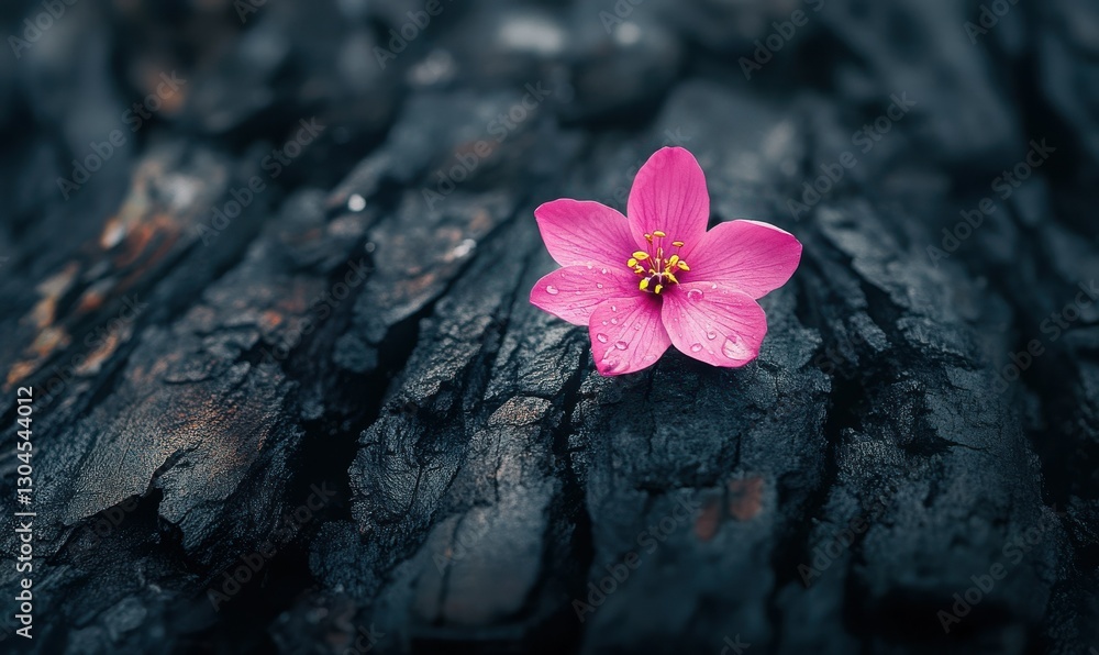 A single pink flower growing out of charred wood, symbolizing resilience, beauty, and nature's perseverance. A single pink flower growing out of charred wood, symbolizing resilience, beauty, and nature's perseverance.