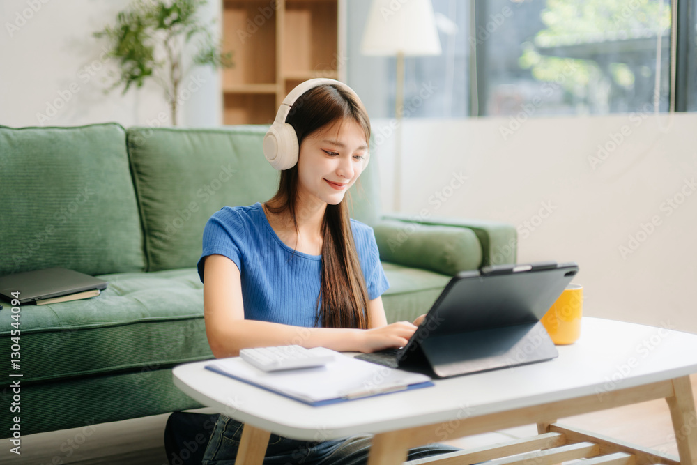 Young asian woman using smartphone and tablet while seated on couch at home Young asian woman using smartphone and tablet while seated on couch at home