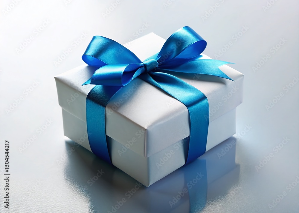 Elegant White Gift Box with Blue Ribbon on White Surface - Luxury Gift Packaging Stock Photo Elegant White Gift Box with Blue Ribbon on White Surface - Luxury Gift Packaging Stock Photo