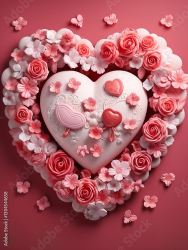 Heart shape made of flowers on.Valentines day festive background love and wedding card