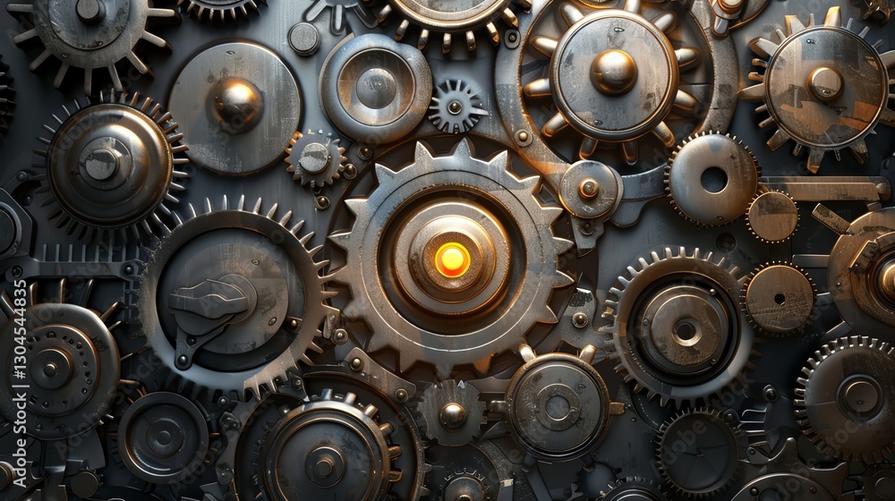 A close-up of a complex gear system with a glowing light in the center. A close-up of a complex gear system with a glowing light in the center.