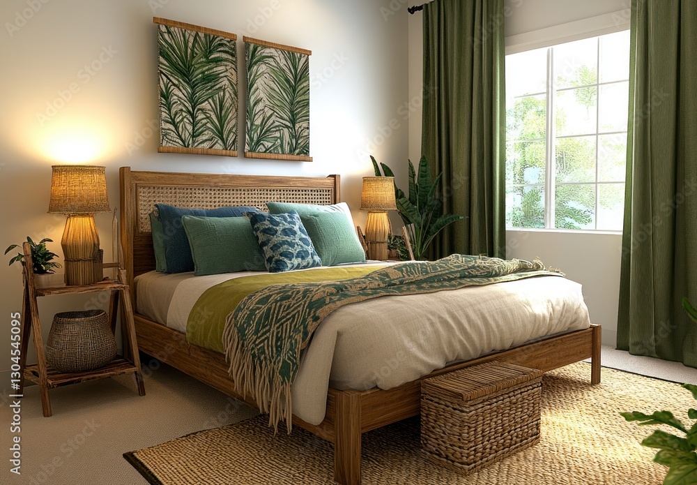Fototapeta premium Serene bedroom with wooden bed, tropical decor, and natural light.