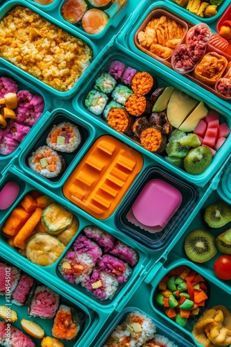 Wallpaper Mural School lunchbox filled with healthy foods like fruits, vegetables, and walnuts, accompanied by school stationery, on a white background Torontodigital.ca