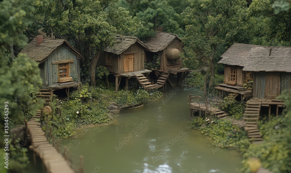 Tranquil River Village: Lush Green Vegetation Surrounds Wooden Stilt Houses Tranquil River Village: Lush Green Vegetation Surrounds Wooden Stilt Houses