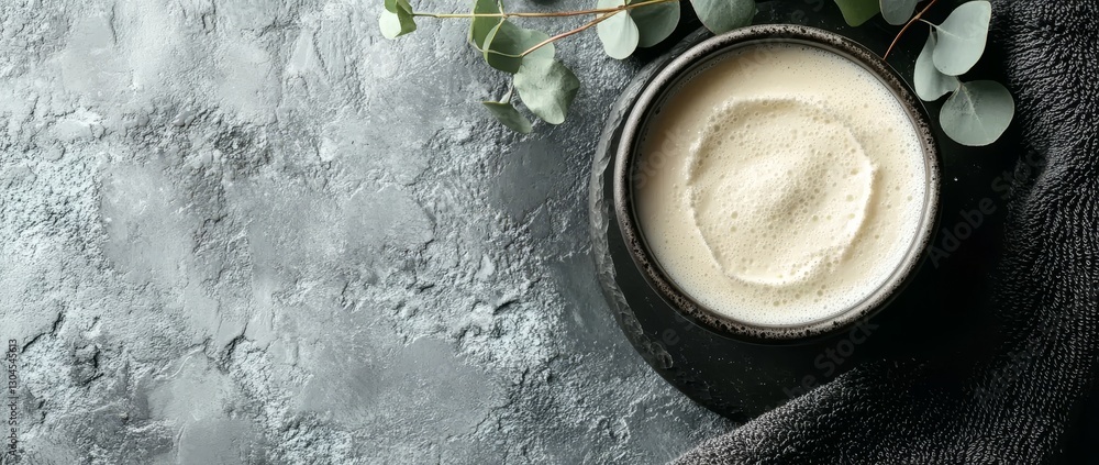 A flat lay, top view photograph showcases a jar of natural moisturizer cream with eucalyptus leaves on a stone surface, offering copy space, and epitomizing the concept of natural, organic beauty and A flat lay, top view photograph showcases a jar of natural moisturizer cream with eucalyptus leaves on a stone surface, offering copy space, and epitomizing the concept of natural, organic beauty and