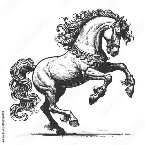 horse rearing on its hind legs, depicted in an engraved, woodcut style with fine details sketch engraving generative ai vector illustration. Scratch board imitation. Black and white image.