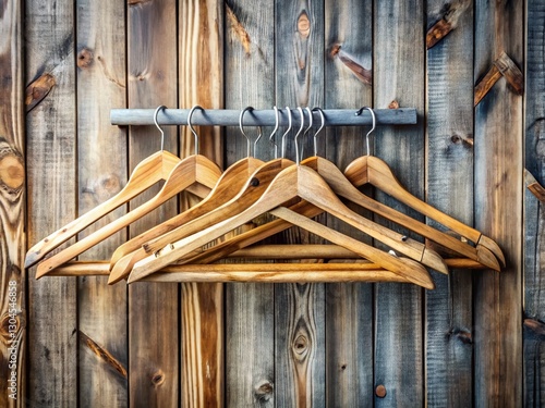 Empty Wooden Clothes Hangers on White Wall - Rustic Laundry Room Decor Stock Photo