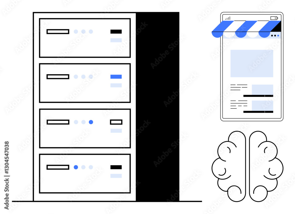 Vertical server racks, mobile storefront, and brain graphic symbolize artificial intelligence, data management, cloud computing, e-commerce, innovation, analytics technology. Ideal for IT AI Vertical server racks, mobile storefront, and brain graphic symbolize artificial intelligence, data management, cloud computing, e-commerce, innovation, analytics technology. Ideal for IT AI