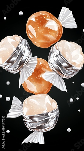 Caramel candies falling, dark background