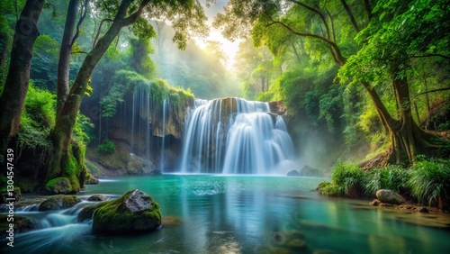 Enchanting Waterfall Cascading Through Dreamy Forest - Lush Nature Stock Photo