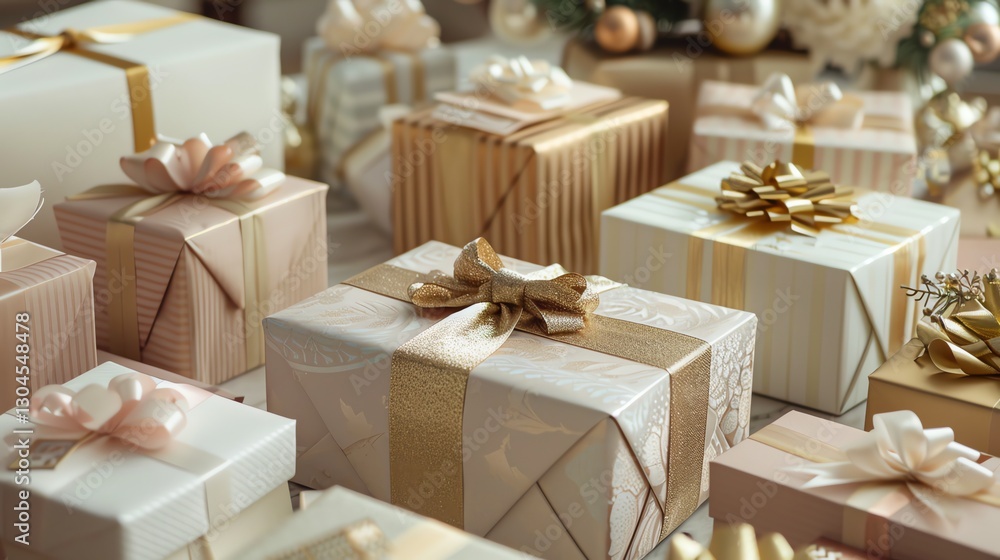 A collection of wrapped gifts, mostly in white and gold paper with bows. A collection of wrapped gifts, mostly in white and gold paper with bows.