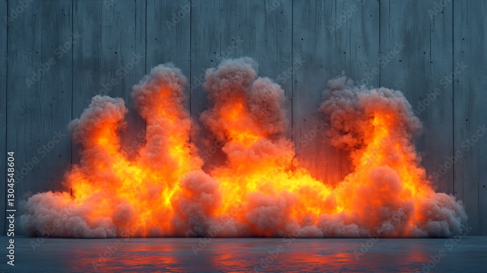 Fototapeta premium Fiery orange flames dramatically engulf smoke clouds against a gray textured wall. AI Generated