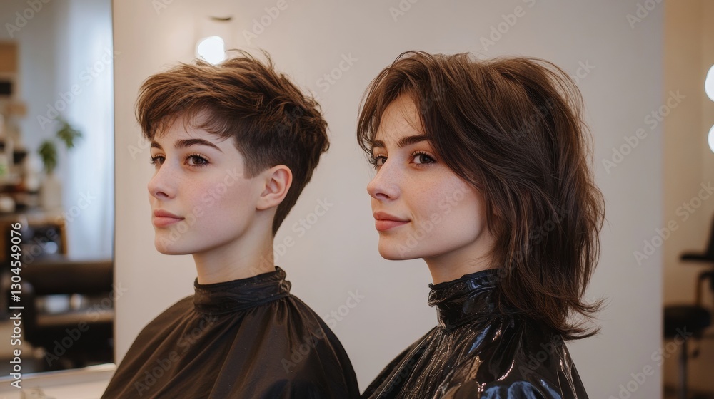 Two young women showcasing stylish haircuts in a modern salon setting during daylight hours. Generative AI Two young women showcasing stylish haircuts in a modern salon setting during daylight hours. Generative AI