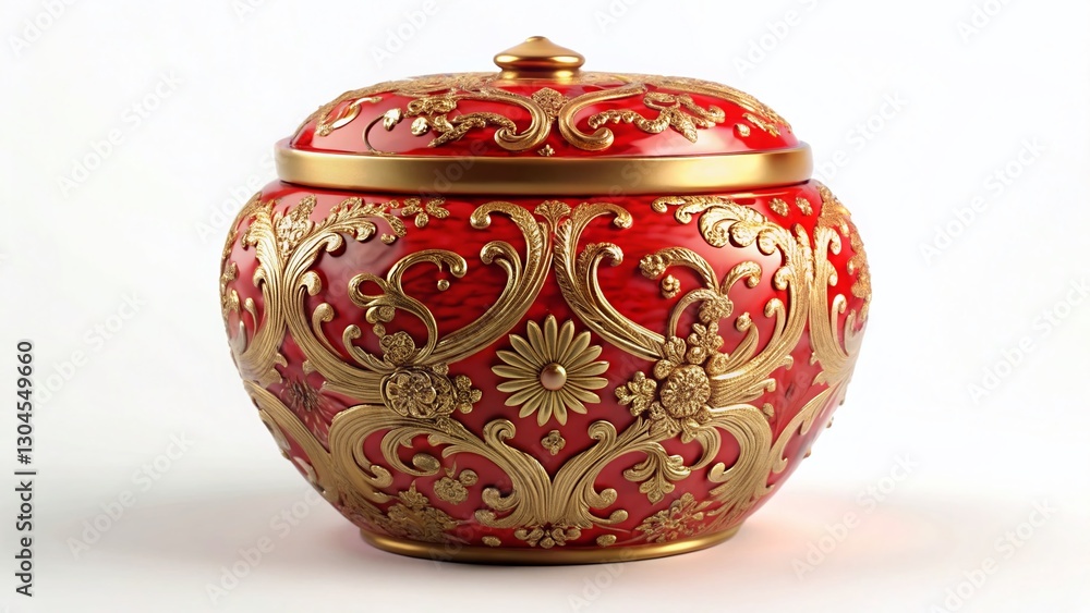 Exquisite Red Ornate Container with Gold Accents - Luxury Decorative Box Stock Photo Exquisite Red Ornate Container with Gold Accents - Luxury Decorative Box Stock Photo