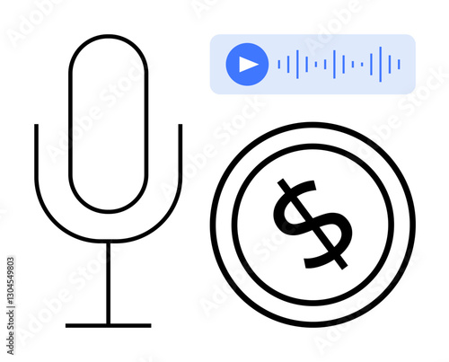 Microphone, audio waveform with play button, and dollar icon suggest themes of podcasting, income, and voice tech. Ideal for media, technology, finance, creativity broadcasting commerce digital