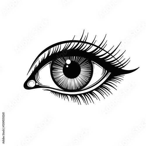 Detailed sketch of an eye with long eyelashes on a white background for copy space