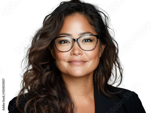 Close-up of a smiling, curvy woman with glasses and long dark hair. The woman's ethnicity could be Hawaiian or Polynesian. Transparent background.