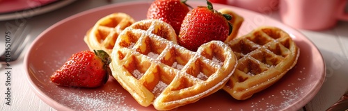 Stock image of a Valentine's Day breakfast setup, including heart-shaped waffles and strawberries arranged on a plate against a pink-hued background