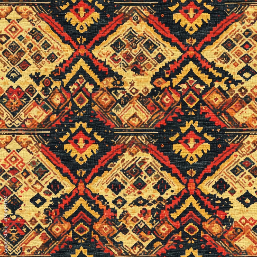 Intricate geometric textile patterns, rich earth tone colors, ornate tribal motifs, traditional weaving texture, ancient nomadic designs, symmetrical folk patterns, cultural art photography, detailed Intricate geometric textile patterns, rich earth tone colors, ornate tribal motifs, traditional weaving texture, ancient nomadic designs, symmetrical folk patterns, cultural art photography, detailed