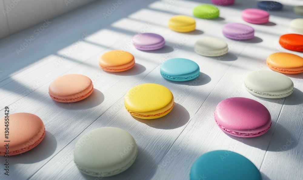 Colorful macarons arranged in rows with sunlight casting shadows. Colorful macarons arranged in rows with sunlight casting shadows.