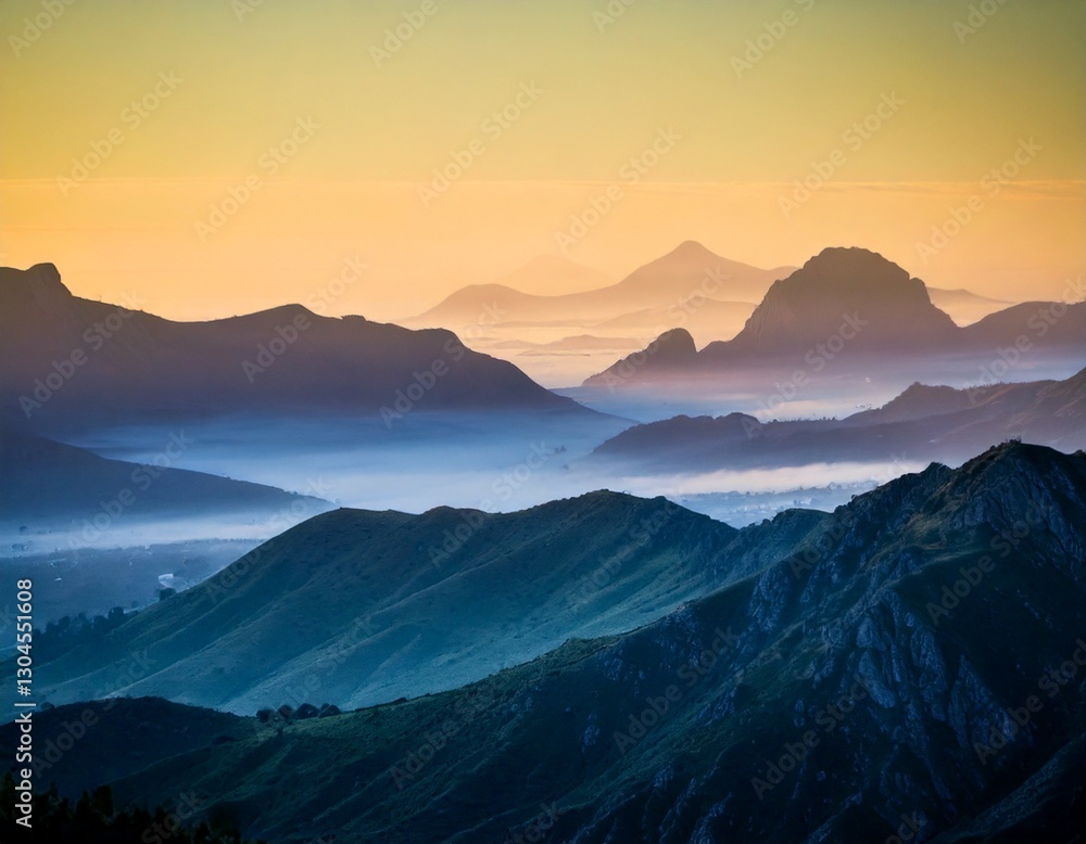 Obraz premium Misty Mountains at Dawn Capture a Peaceful and Ethereal Atmosphere Generated image