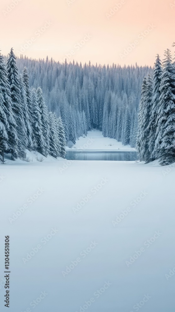 Obraz premium A frozen lake in the distance amidst a forest of snow-covered trees, frozen, peaceful