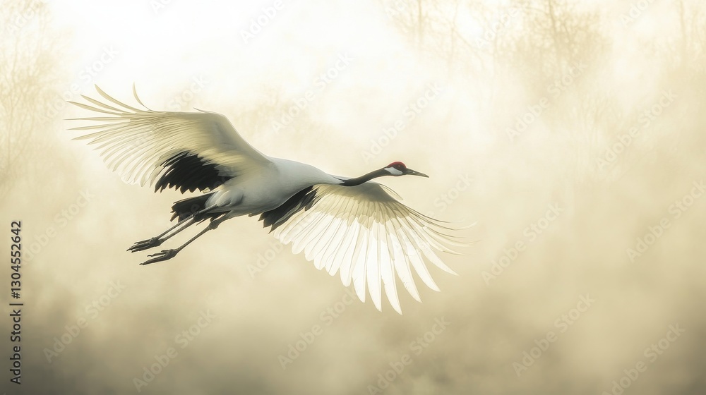 Magnificent Japanese red-crowned crane soaring through misty morning sky, wings fully extended displaying intricate white and black feather patterns, golden sunrise backlighting creates ethereal Magnificent Japanese red-crowned crane soaring through misty morning sky, wings fully extended displaying intricate white and black feather patterns, golden sunrise backlighting creates ethereal