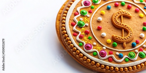 Festive Gingerbread Dollar Coin Decorated with Colorful Icing - Stock Photo
