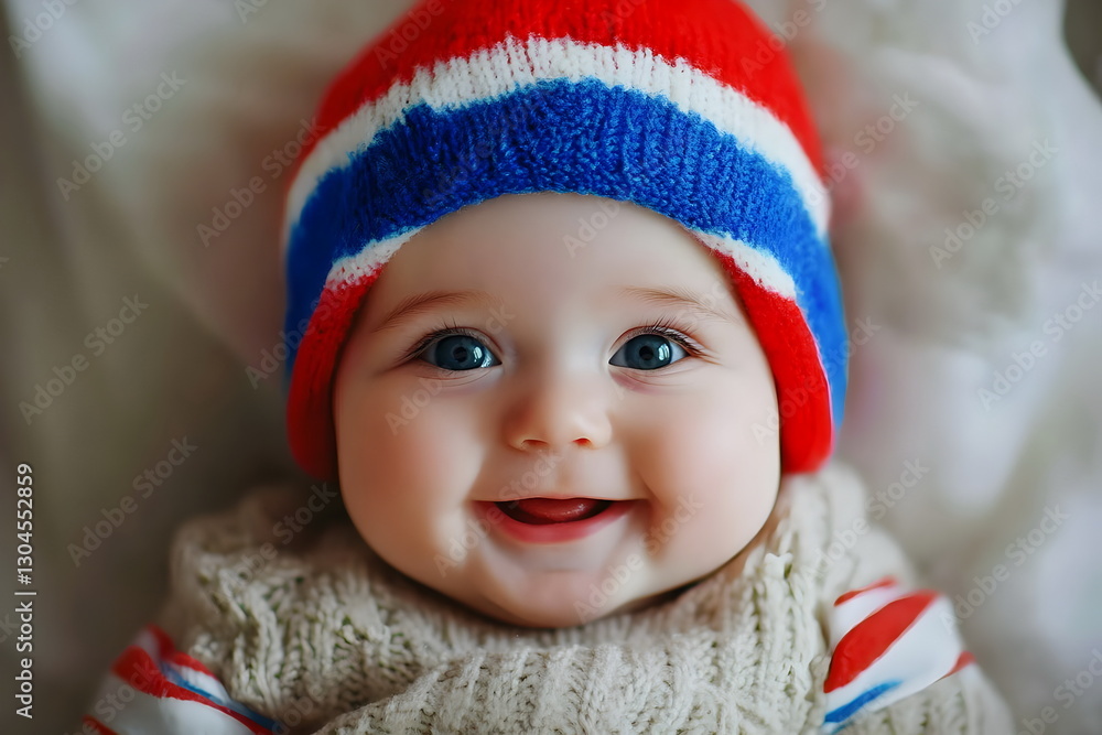 Happy baby with dressed in red blue and white Happy baby with dressed in red blue and white