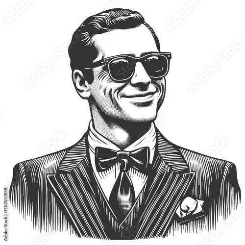 Mafioso smiling man wearing sunglasses and a suit, exuding confidence and a vintage, stylish look sketch engraving generative ai vector illustration. Scratch board imitation. Black and white image.