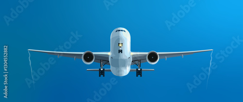 A civilian aircraft on takeoff or landing. A white passenger or cargo plane with extended landing gear on a blue sky background