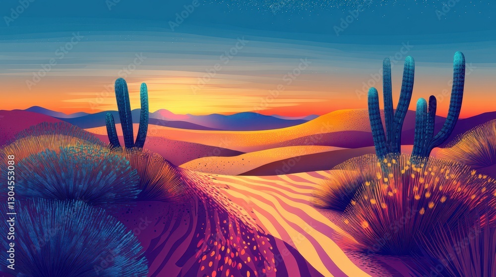 Vivid Illustration of a Desert Landscape During Sunset Time Vivid Illustration of a Desert Landscape During Sunset Time
