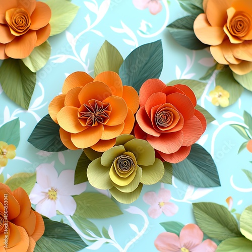 Paper flowers arrangement, teal background