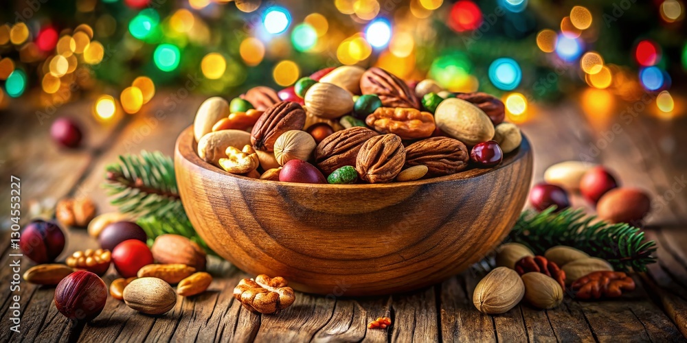 Festive Mix of Nuts in Wooden Bowl - Tilt-Shift Photography Festive Mix of Nuts in Wooden Bowl - Tilt-Shift Photography